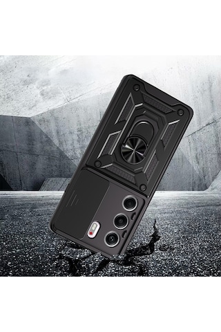 Maks Technology Tecno Camon 40 5g Kılıf Magnetik Standlı Kamera Korumalı Mkst Sürgülü Vega Kapak - Siyah