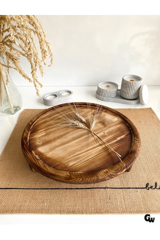 Yuvarlak Doğal Ahşap Sunum Tabağı Ayaklı Çukur Ahşap Sunumluk Beyaz Çam Çap:28cm Yük:6,5cm