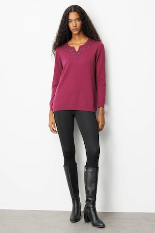 Desen Triko Kadın Sıfır Yaka Yakası Çiçek Nakış İşlemeli Bluz 25094 Mürdüm Mürdüm