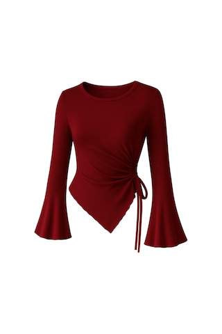 Meren Like Your Style Bordo Yuvarlak Yaka Drape Detaylı İspanyol Kol Tesettür Uyumlu Üst Bluz Bordo