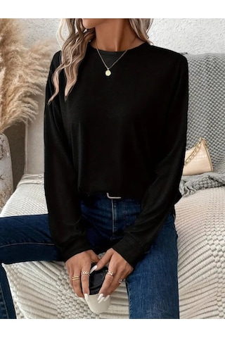 Tua Moda Kadın Uzun Kollu Bisiklet Yaka Viskon Bluz Siyah