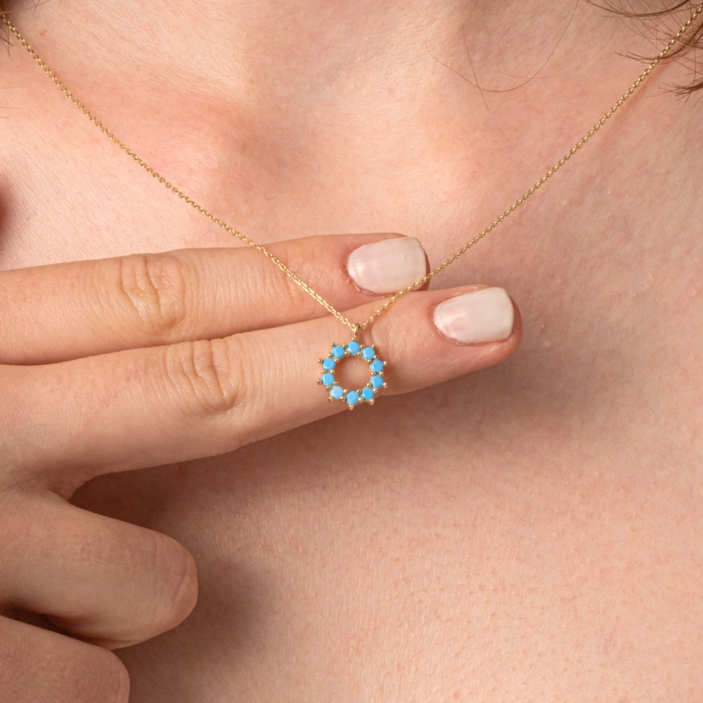 Gümüş Kolye - Yuvarlak Firuze Turkuaz Taşlı 925 Ayar Gümüş Kolye Sarı