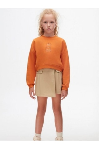 Kız Çocuk Pamuklu İki İplik Crop Sweatshirt-14706 Turuncu