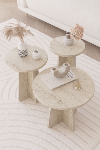 Obi Atölye Traverten Mantar İskandinav Stili Zigon Sehpa 3'lü