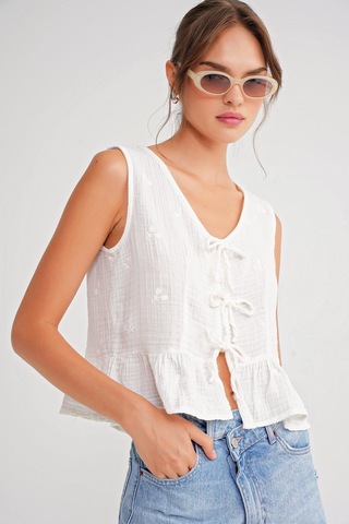 4724 Kadın Çicek Desenli Bağlamalı Müslin Bluz Ekru Ekru