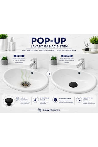 Seramik Kaplama Lavabo Gider Süzgeci Bas Aç Pop-up Sistem Taşma Yüzüklü Dayanıklı Tasarım Siyah