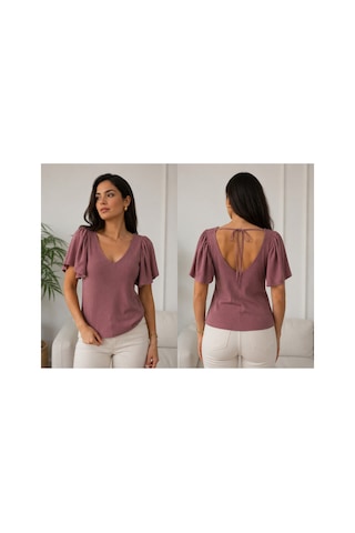 Gül&can Butik Kadın Gül Kurusu V Yaka Fitilli Triko Bluz Volanlı Kısa Kol Şık Günlük Üst Pembe