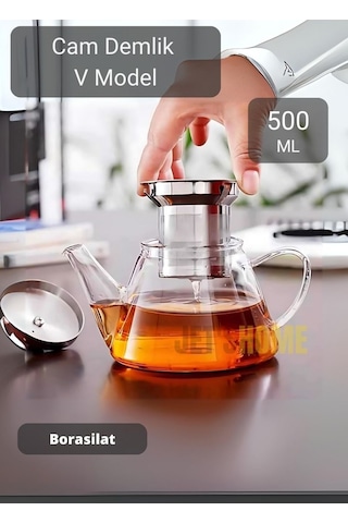 Cam Demlik V Model Bitki Çayı Demliği Çelik Süzgeçli Isıya Dayanıklı Borosilikat 500 Ml Şeffaf