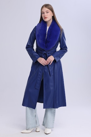 Selectmoda Kadın Peluş Yaka Deri Görünümlü Uzun Kaban Lacivert
