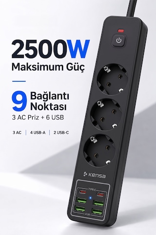 Akım Korumalı Priz 3'lü 4x Usb-a + 2x Usb-c 2 Metre Kablo 2 M