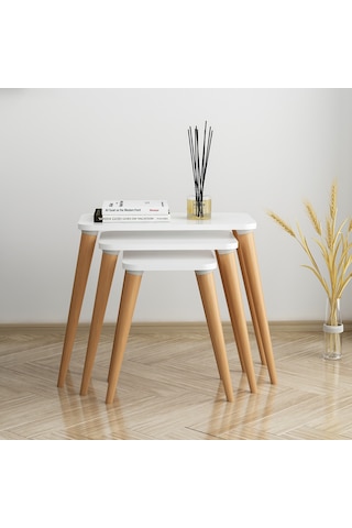 Flora ESTE Sehpa Ahşap Ayaklı Üçlü Zigon (BEYAZ)