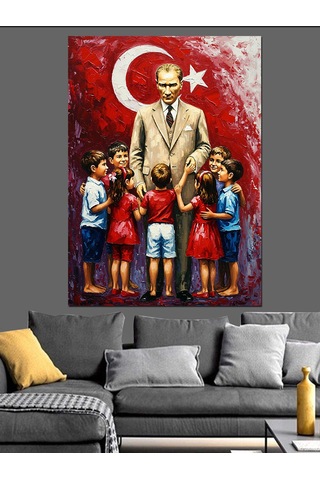 Türkiye Çocuk Ve Atatürk Sevgisi Dekoratif Kanvas - Mdf Ahşap Tablo