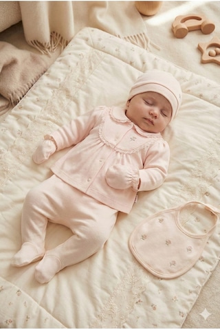Zeynuko Kız BebekPamuk Çiçek Nakışlı 5'li Yenidoğan Hastane Çıkışı Zıbın Seti Kutulu Açık Pudra
