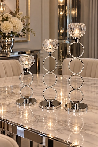 Modern 3 Lü Krom Dekoratif Şamdan Mumluk Seti 32 -26-22cm Gümüş Gümüş Modern 3 Lü Krom Dekoratif Şamdan Mumluk Seti 32 -26-22cm Gümüş Gümüş