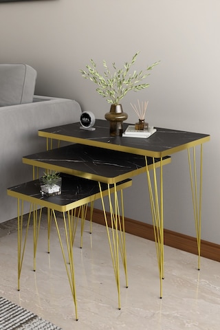 Zigon Sehpa 3'lü Dikdörtgen Gold Tel Ayaklı Siyah Mermer-Gold