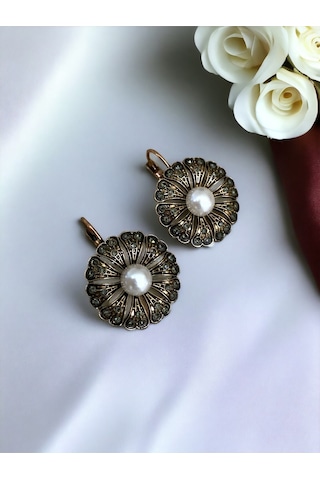 Black Diamond Taşlı İnci Çiçek Küpe Gri