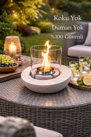 Bacasız Beton Masaüstü Şömine Kokusuz, Dumansız %100 Güvenli 1 Litre Yakıtı Hediyeli Beyaz