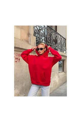 Zdnjeans Kadın Taşlı Kanat Baskılı Oversize Kapüşonlu Sweatshirt Kırmızı