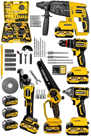 Schatz 21v Darbeli Kömürsüz 5'li Set Kırıcı Delici Hilti - Somun Sıkma Sökme - Testere - Matkap - Vidalama Sarı
