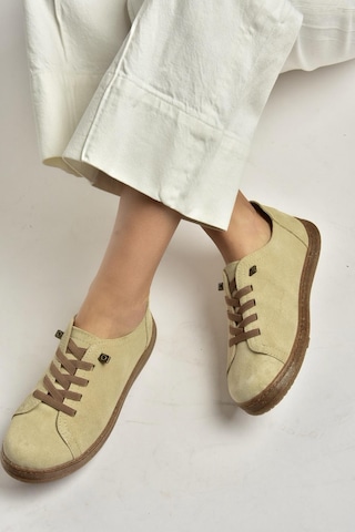 Fox Shoes Y999364003 Bej Hakiki Deri Süet Kadın Spor Ayakkabı Sneakers Bej