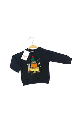 Çikoby Bebek Örgü Şapkalı Ayı Baskılı Sweatshirt-13519 Siyah