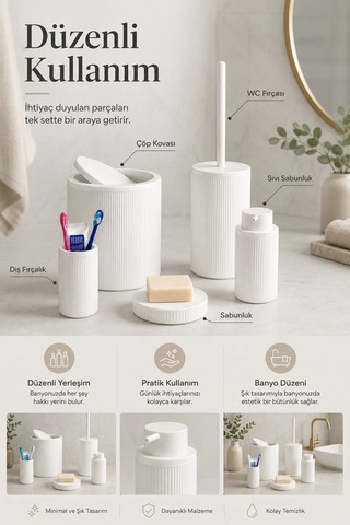 Modern Tasarımlı 5 Parça Banyo Aksesuar Seti Beyaz Renk Sabunluk Ve Fırçalık Dahil