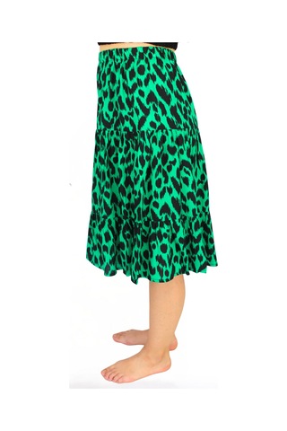Nurören Viskon Kumaş Yeşil Siyah Leopar Desenli Midi Boy Kadın Şort Etek Leopar