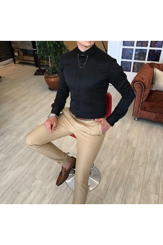 Italyan Kesim Slim Fit Erkek Saten Siyah Zincirli Gömlek T4090