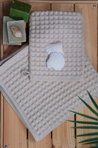 %100 Pamuk Premium Pike Desenli 2 Li Set Bej: Havlu 50x100cm El, Yüz Havlusu & 16x22cm Kese Bej