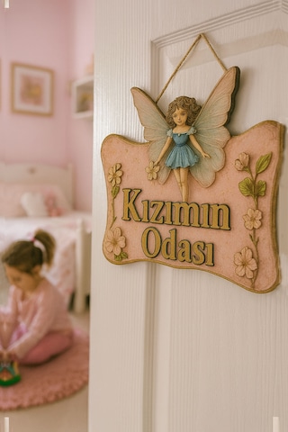 Kızımın Odası Yazılı Melek Tasarımlı Ahşap Mdf Kapı Süsü - Uv Hd Baskılı Eskitme Açık Pembe