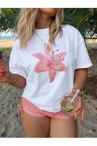 Pembe Zambak Baskılı Oversize Kompak T-shirt Beyaz