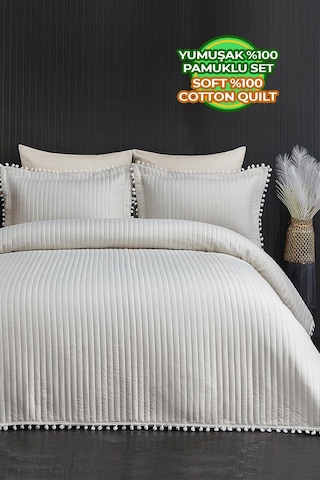 Evlen Home Collection Ponponlu Çift Kişilik %100 Pamuk Yatak Örtüsü Pike Takımı Krem Beyaz