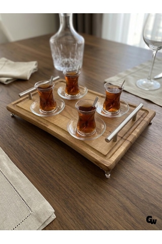 Doğal Ahşap Ayaklı Şık Tasarım Servis Tepsisi Paslanmaz Kulplu Ayaklı Tepsi Kayın Ahşap