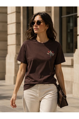 Yubistitch Tshirt Nakış İşlemeli Demet Çiçek- Penye-kahverengi
