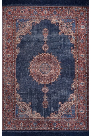 Blues Vintage Desenli Dokuma Taban Dekoratif Lacivert Halı (Al 87