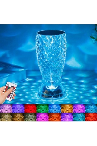 Kristal Akrilik Led Balık Süzgeç Formlu Usb Şarj Edilebilir Kumandalı Işık Modlu Masa Üstü .