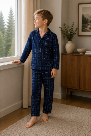 Free Beka Ekose Desenli Uzun Kollu Gömlek Yaka Düğmeli Erkek Çocuk Pijama Takımı Lacivert
