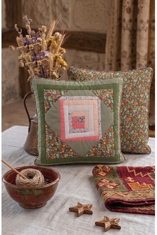 Poplin Pamuklu Kırkyama Patchwork Dekoratif Kırlent Kılıfı 45x45 Cm Yeşil