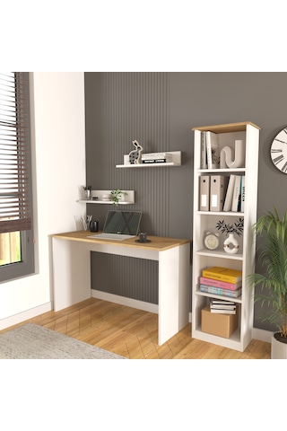 Olven Raflı Çalışma Masası Ve Kitaplık Seti , Beyaz - Meşe