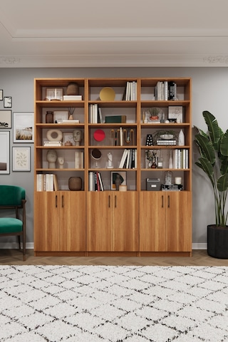 Asra Trend K-54 %100 MDF 180 cm 3 Modüllü Kapaklı Kitaplık Raflı Kütüphane Petra