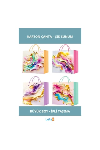 Şık Büyük Boy İpli Karton Çanta Renkli Pastel Motiflerle Hediye Sunumu İçin