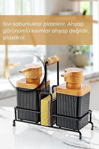 Grimorlife Mimoza Metal Standlı Ahşap Detaylı Bulaşık Deterjanı Ve Sıvı Sabunluk Mutfak Seti-sünger Hediyeli Siyah