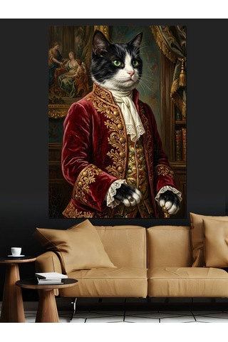 Saray Kıyafetli Aristokrat Kedi Portresi Dekoratif Kanvas - Mdf Ahşap Tablo