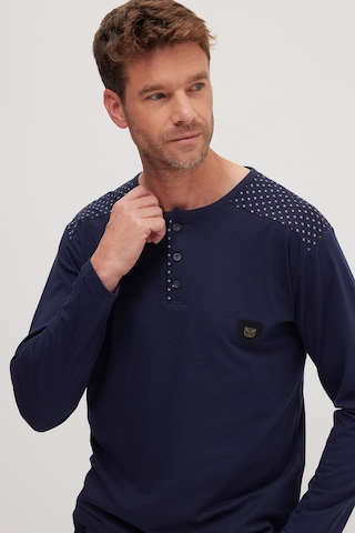 Tudors Erkek Standart Fit Normal Kesim %100 Pamuk Bisiklet Yaka Beli Lastikli Lacivert Pijama Takımı-37946 Lacivert