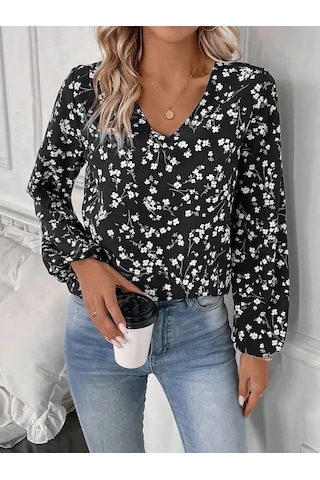 Moderie Butik Kadın Uzun Kollu V Yakalı Çiçek Desenli Modal Bluz Siyah