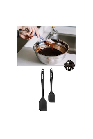 Silicolife Büyük Ve Küçük Spatula Seti, Isıya Dayanıklı Yanmaz Yapışmaz Silikon Spatula 2 Li Set Siyah