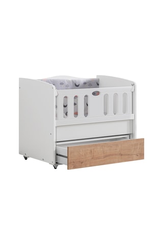 Beşik, Mini Çekmeceli Korkuluklu Sallanan Beşik 60x100 Cm - Beyaz Ceviz Çok Renkli