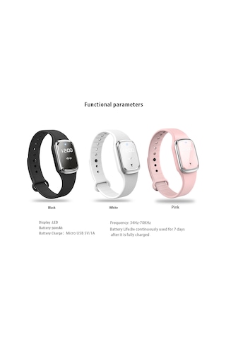 Aubyhe M2 Ultrasonik Kovucu Bileklik, Saat Fonksiyonlu, Çocuk-yetişkin-hamile Uygun, Siyah Silikon Metal, 7 Gün Kullanim Süresi