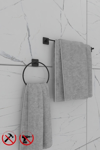 Alper Banyo Jasmin Kare Siyah Yapışkanlı 2'li Set - Yuvarlak Havluluk Uzun Havluluk Siyah