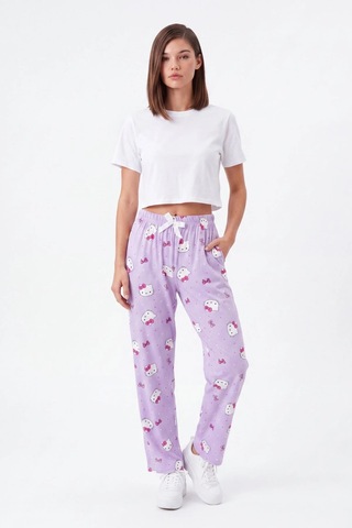 Cemo Kedi Ve Fiyonk Baskılı Beli Lastikli Bağcıklı Pijama Altı 26y-h0020-mr-l Mor